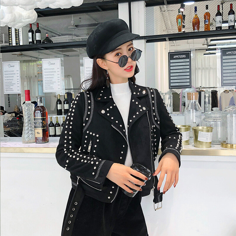 Autumn Fashion Women's Korean Edition Embroidered Rivet Deerskin Velvet Short Long Sleeve Leather Coat Punk Rock Leather Jackets