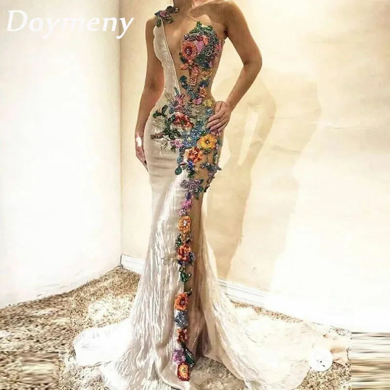 Doymeny женское платье для выпускного вечера красочная вышивка Цветочная аппликация на одно плечо Русалка коктейльное вечернее платье