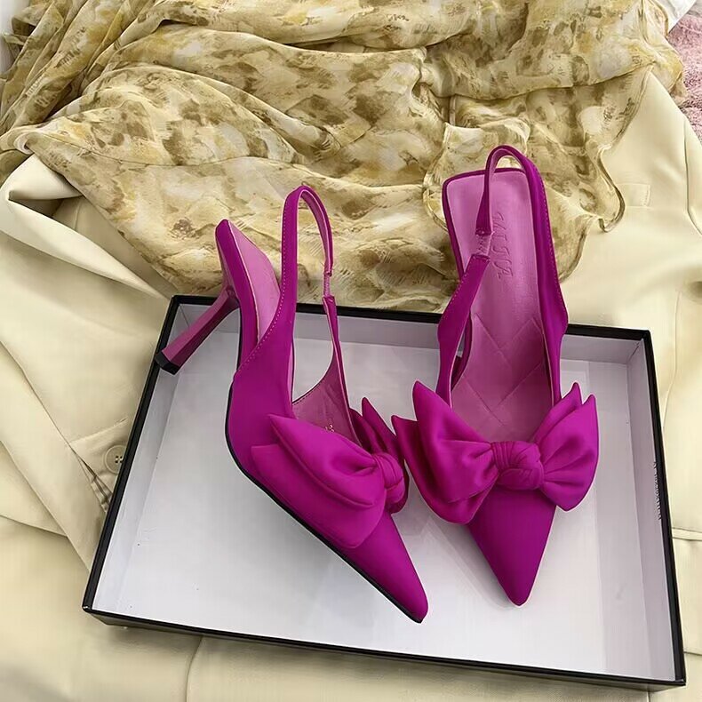 Zapatos de tacón fino con nudo de mariposa para mujer, calzado de vestir Sexy, punta estrecha, tacones altos, novedad de verano 2024
