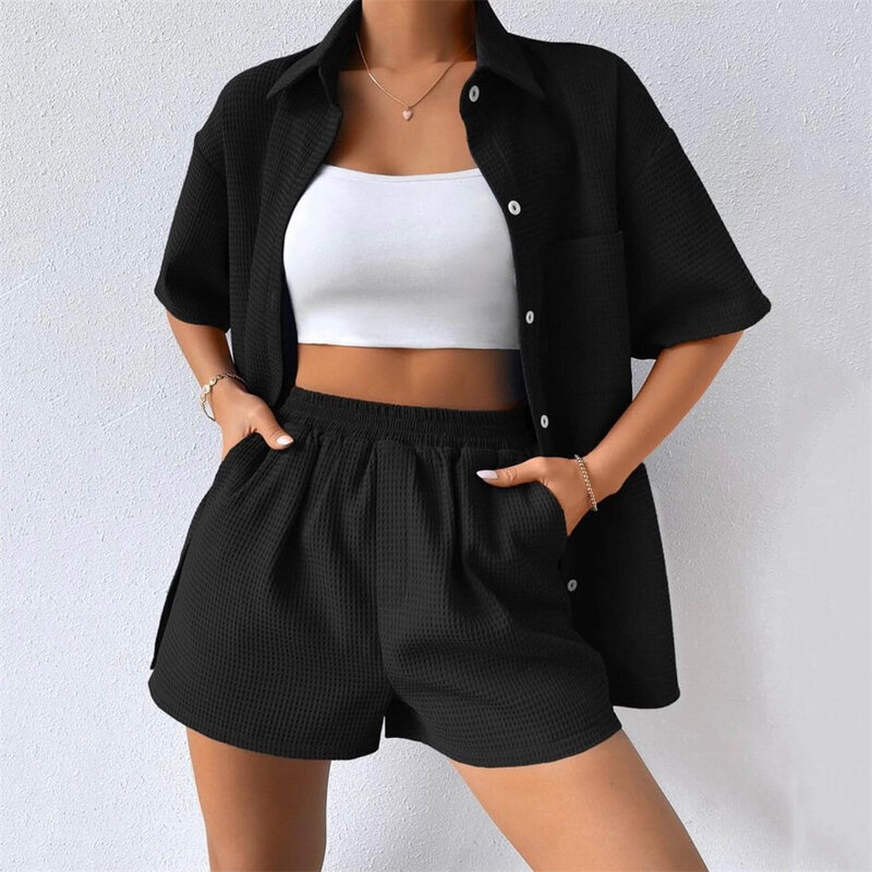 Women's Suits Summer Clothes Female Tops Turn Down Collar Short Sleeve Pockets Button Tops High Waist Shorts Casual 2 Piece Set