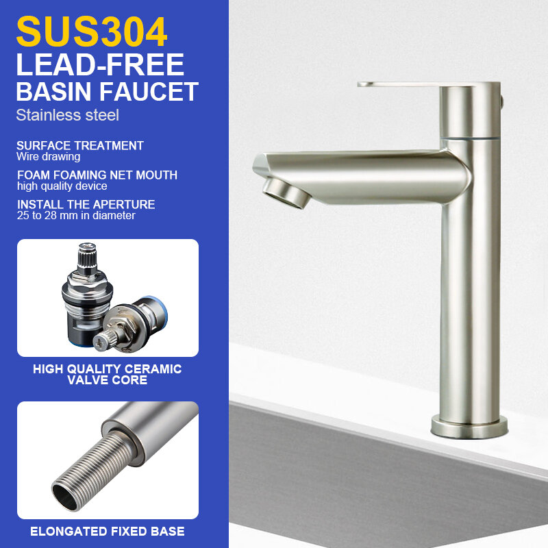 Silver Bathroom Faucets 304 Stainless Steel Deck Mounted Sink Basin Faucet Brushed Single Cold Tap Kitchen Washbasin Water Tap