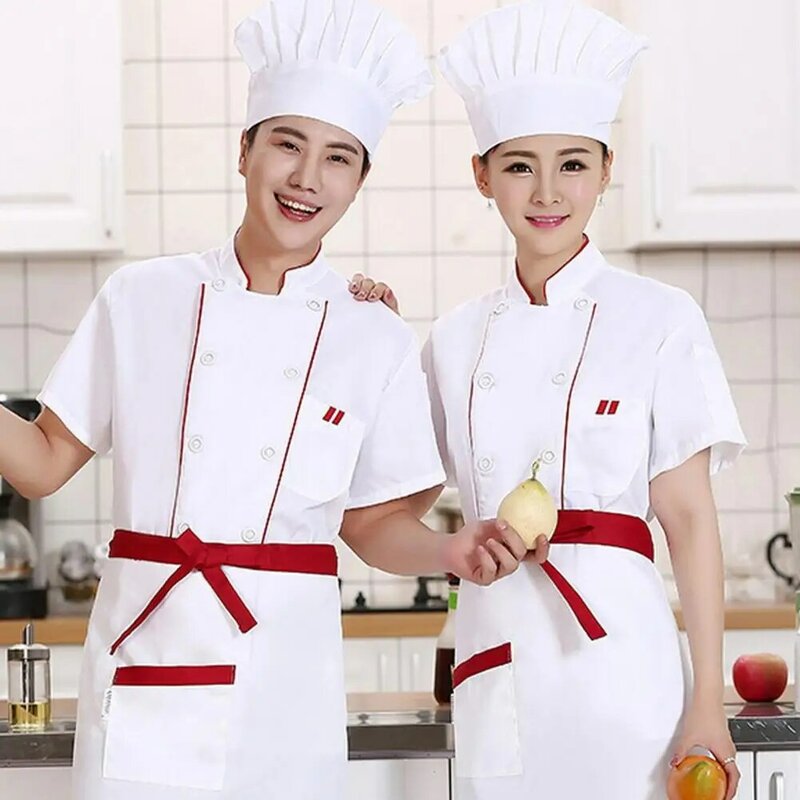 Respirável mancha-resistente Chef uniforme para cozinha, padaria, restaurante, trespassado, manga curta, roupa de alta qualidade