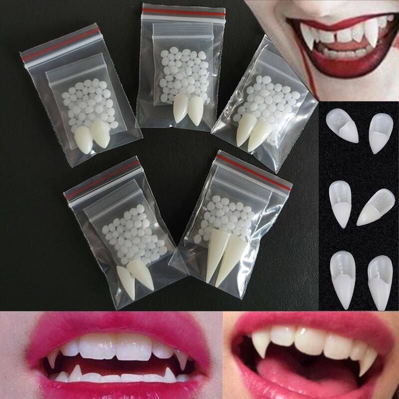 Colmillos de dientes de vampiro para decoración de Halloween, accesorios de dentadura, accesorios de Cosplay de Halloween, colmillos falsos con pegamento sólido, accesorios de Halloween