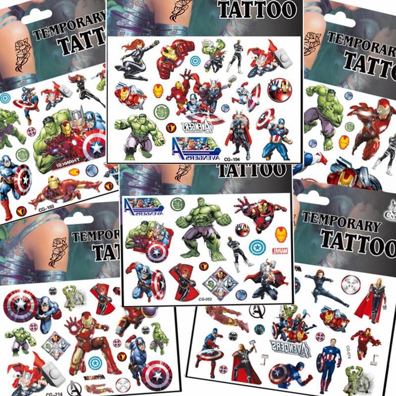 Marvel-Avengers Tattoo Sticker for Kids, Homem-Aranha, Homem de Ferro, Action Figure, Anime, Presente de Aniversário, Brinquedos, Menino