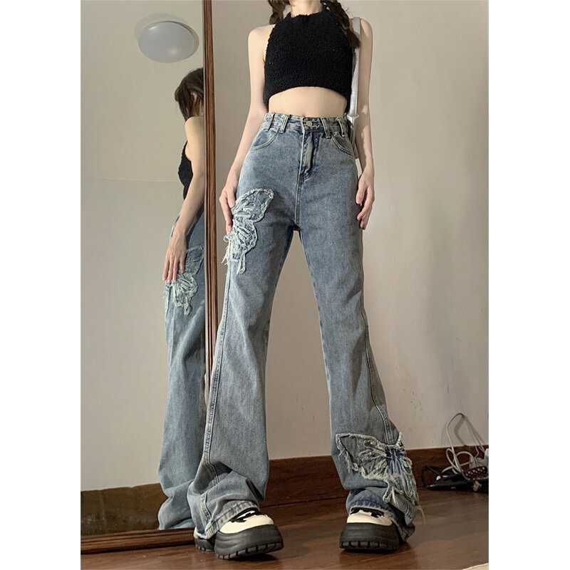 Mexzt Y 2K 2000S Flare Jeans Vrouwen Vintage Vlinder Borduurwerk Denim Wijde Pijpen Streetwear Koreaanse Hoge Taille Volledige Broek