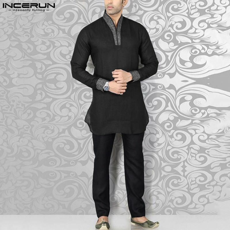 Camisas de manga comprida estilo do Oriente Médio INCERUN masculino, top muçulmano, design de retalhos de cores duplas, blusa de gola em pé, 2023