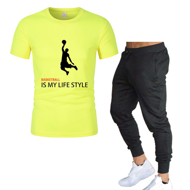 Fato esportivo casual masculino, agasalho de manga curta, pintura de basquete, secagem rápida, Trend Play, primavera, verão
