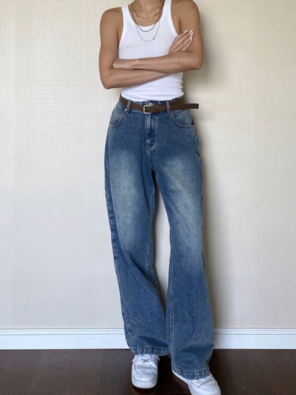 Adagirl กางเกงยีนส์สีน้ำเงินสำหรับผู้หญิงกางเกงสตรีทแวร์วินเทจเอวสูงขากว้างใส่สบาย