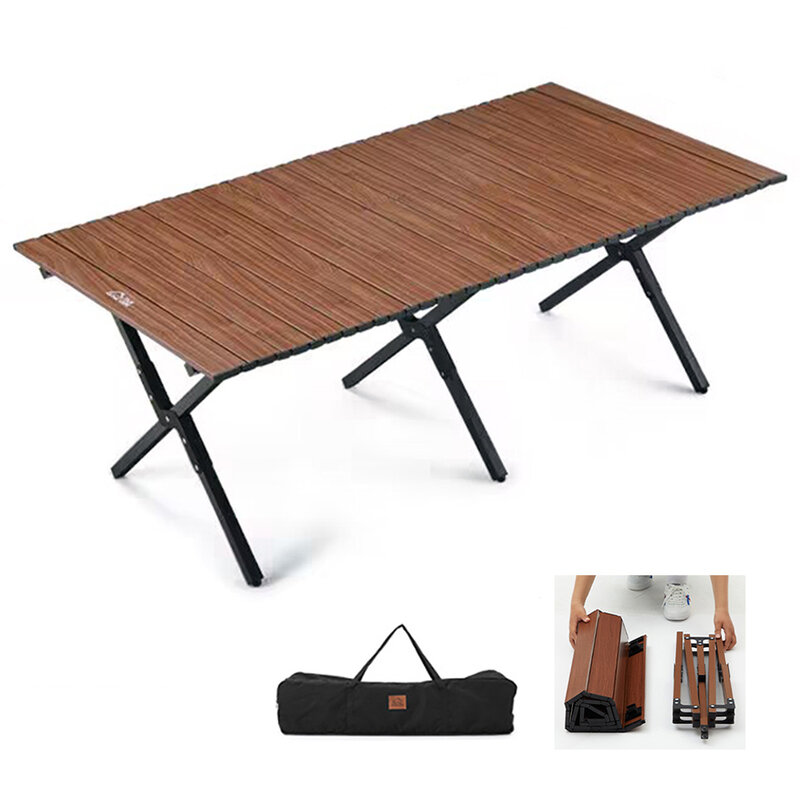 Mesa plegable para exteriores, mesa de aleación de aluminio, grano de madera, rollo de huevo, Camping, portátil, placa de acero al carbono
