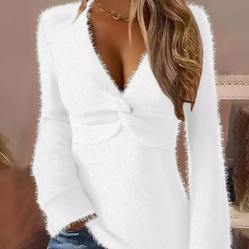 V Neck Women Full Sleeve Pullovers Solid Loose Casual Regular Sweaters Splice Knitted Tops Warm Pleated Autumn Winter 2023