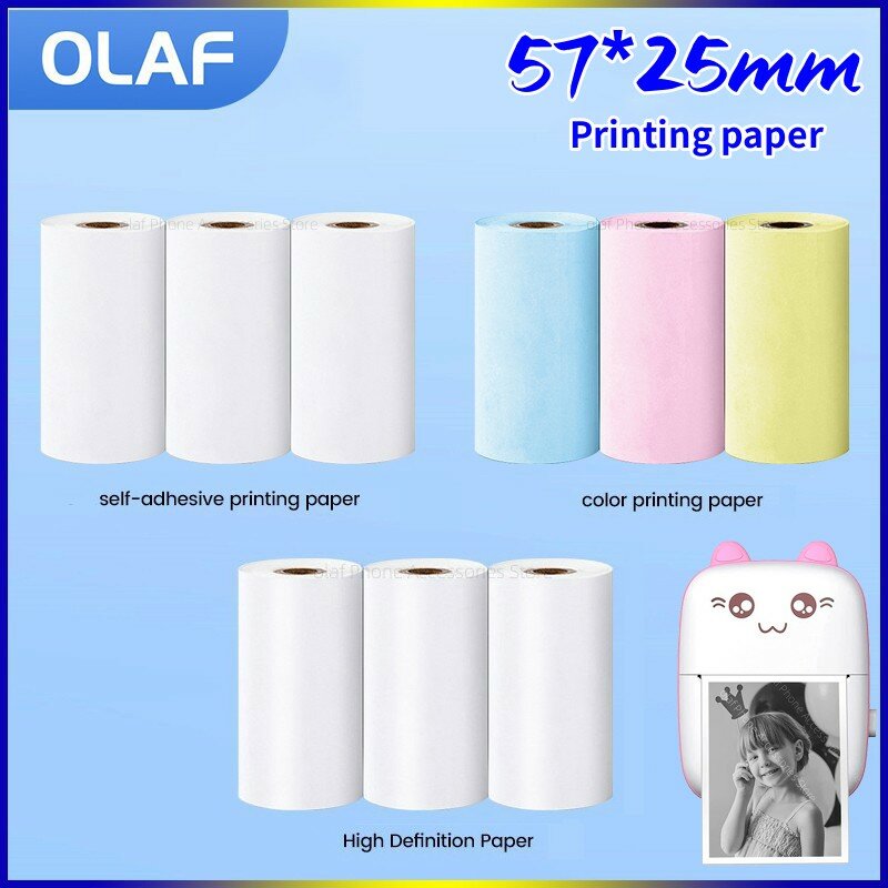 Olaf เครื่องพิมพ์กระดาษความร้อนขนาดมินิขนาด57มม. ฉลากสติกเกอร์สีสันสดใสกระดาษติดด้วยตนเองสำหรับเครื่องพิมพ์ไร้สายบลูทูธไร้หมึก