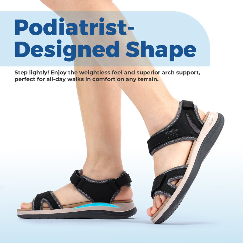 Sandali da donna FitVille cinturino alla caviglia regolabile per piedi gonfi e piatti supporto per arco largo sandali ortopedici Open Toe