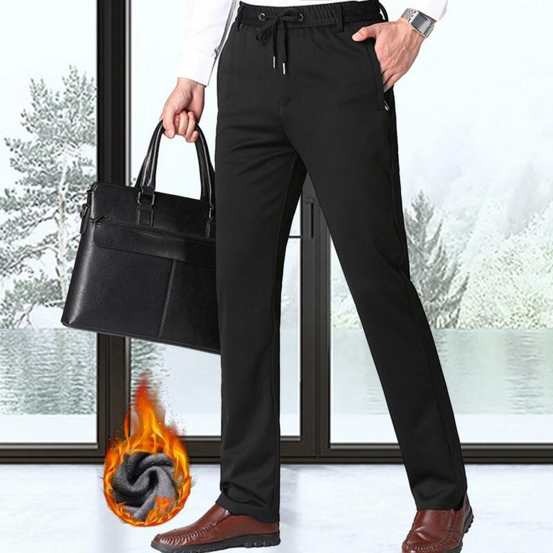 Polyester Fleece Trousers Cold Weather Sweatpants Cozy Mid-aged Men's Winter Pants Elastic Waist Straight Fit Plush for Warmth