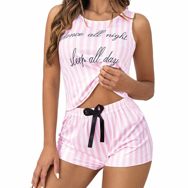Sexy Womens Causal Striped Pajama Set Printed Top And Bottom Shorts Soft Comfortable Two-Piece Pajama Set Lightweight Breathable