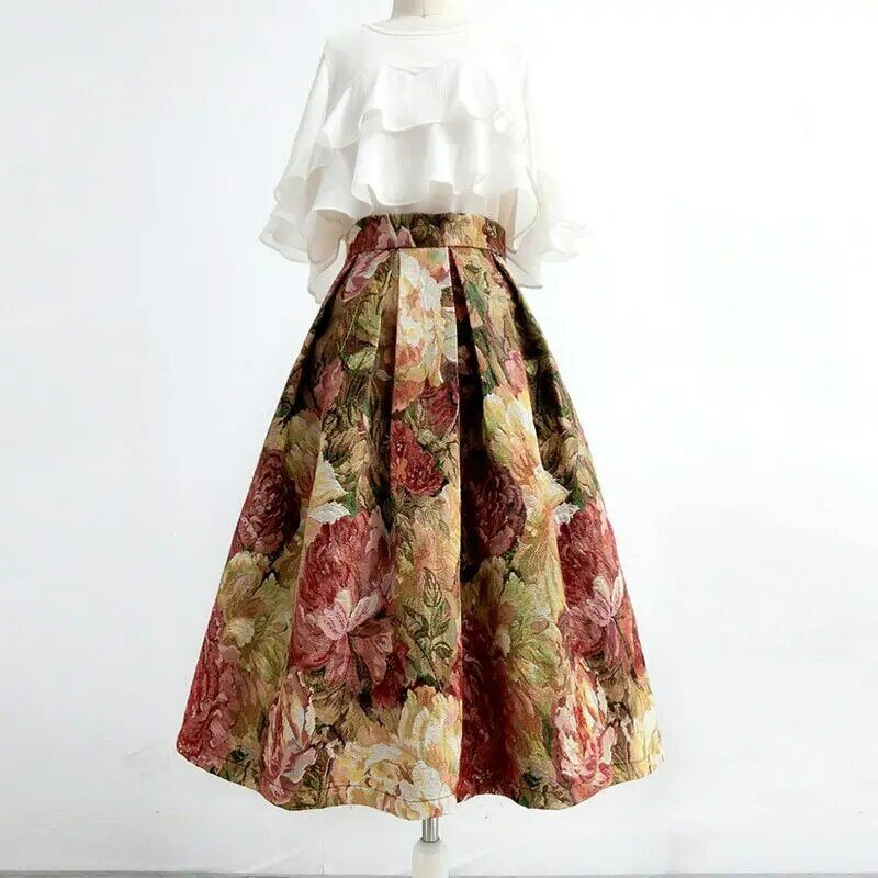 Spring Female Flower Vintage Print Elegant Skirts Women Faldas Aesthetic Jacquard High-waisted Long Pleated Pockets Skirt Q530