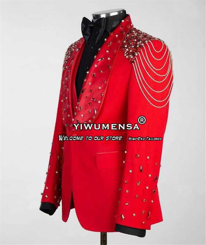 Luxe Rood Broekpak 3 Stuks Sets Kralen Diamanten Bruidegom Prom Smoking Sprankelend Etentje Man Blazers Outfit Kostuum Homme 2024
