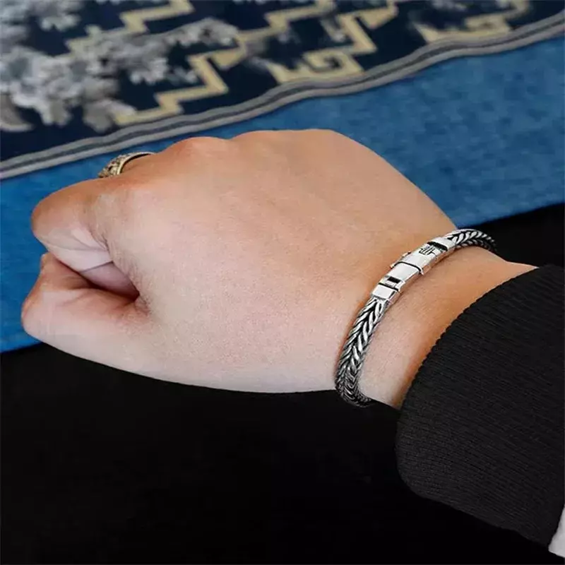 Мужской плетеный браслет ручной работы, Простой браслет из тайского стерлингового серебра S925 в ретро стиле, универсальный трендовый браслет, ювелирные изделия