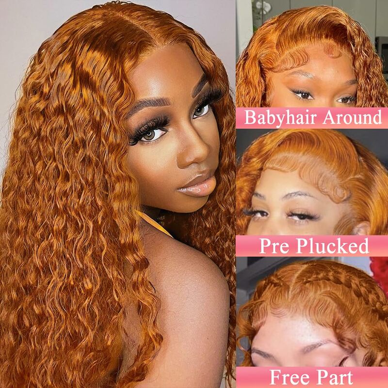 Ginger Orange Curly Lace Front Human Hair Wigs HD Lace Free Part 133 Ginger Orange Deep Wave Brazilian Human Hair with Baby Hair