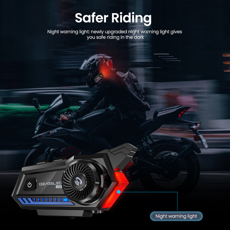 GEARELEC X5 오토바이 헬멧 헤드셋, BT 5.2 방수 무선 헤드폰, 음성 제어, 상승 감소 FM 라디오 경고등