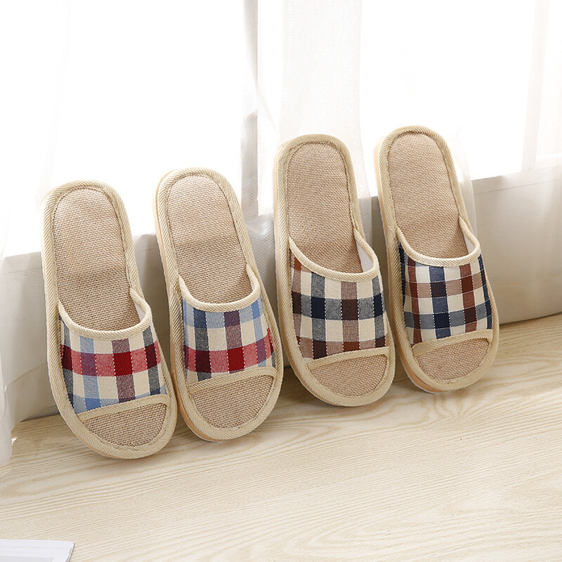 Zapatillas cuadradas de lino a cuadros para hombre y mujer, zapatillas de suela de espuma para el hogar, para las cuatro estaciones