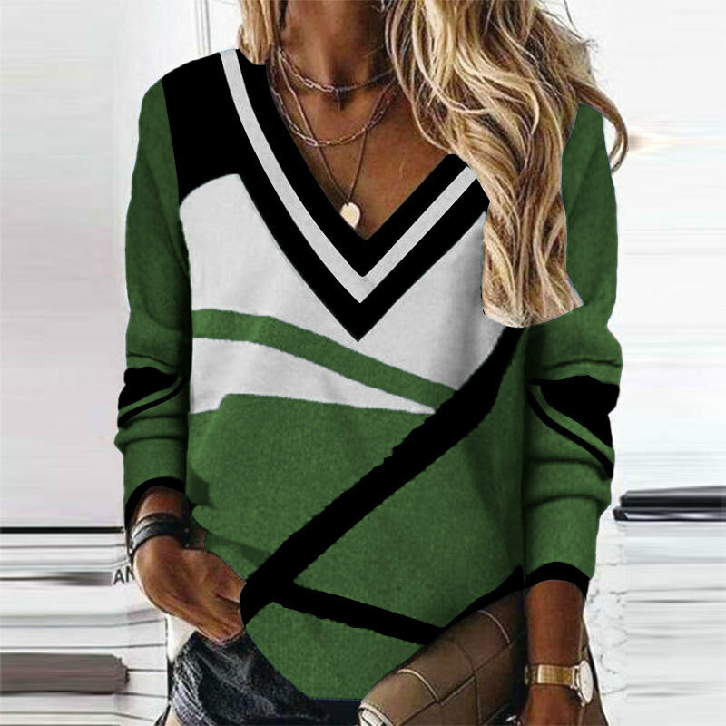 Sweater wanita lengan panjang leher V, pakaian sweater wanita cetakan geometris kasual longgar lurus elegan 2023