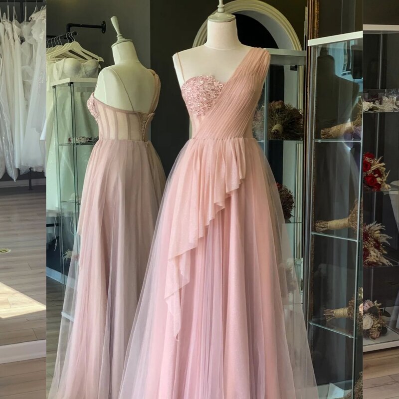 Tulle  Sequined Pleat Party Straight One-shoulder Bespoke Occasion Gown Long Dresses