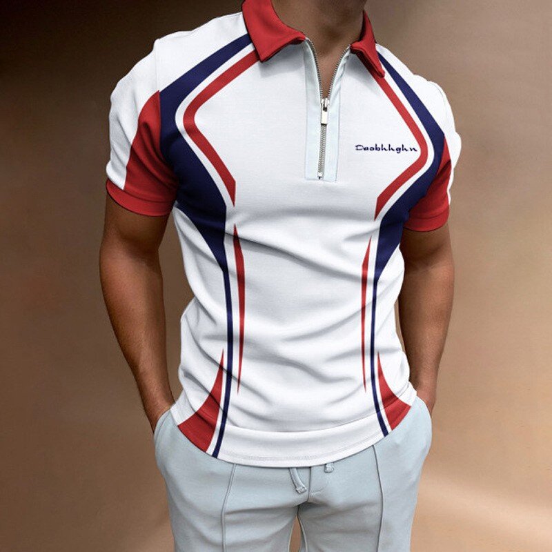 Polo kaos lengan pendek pria, T-shirt bercetak 3d ritsleting lengan pendek kasual musim gugur untuk pria