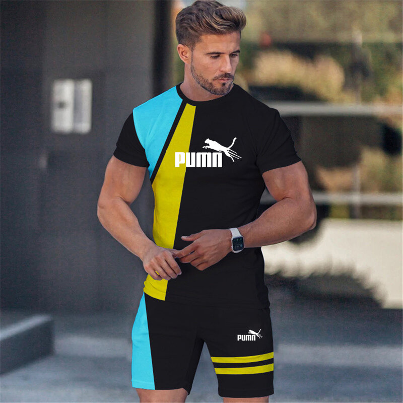 2024 new men's suit color matching casual short sleeve 3D printed T-shirt set stitching street men casual sports short sleeve