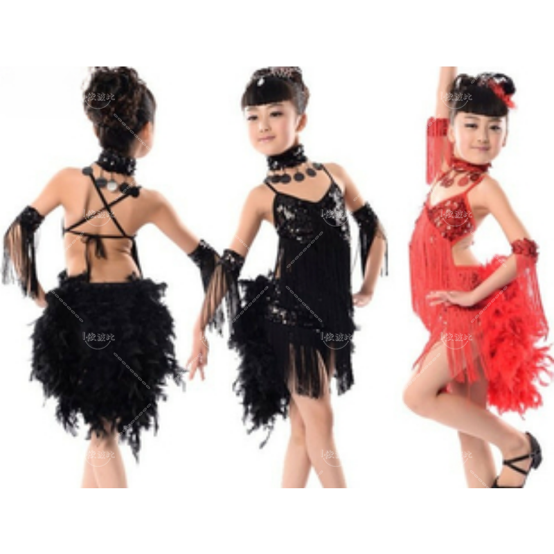 Children's Feather Latin Dance Dress Costume Girls Children's Sequined Tassel Latin Dance Competition Performance Wear