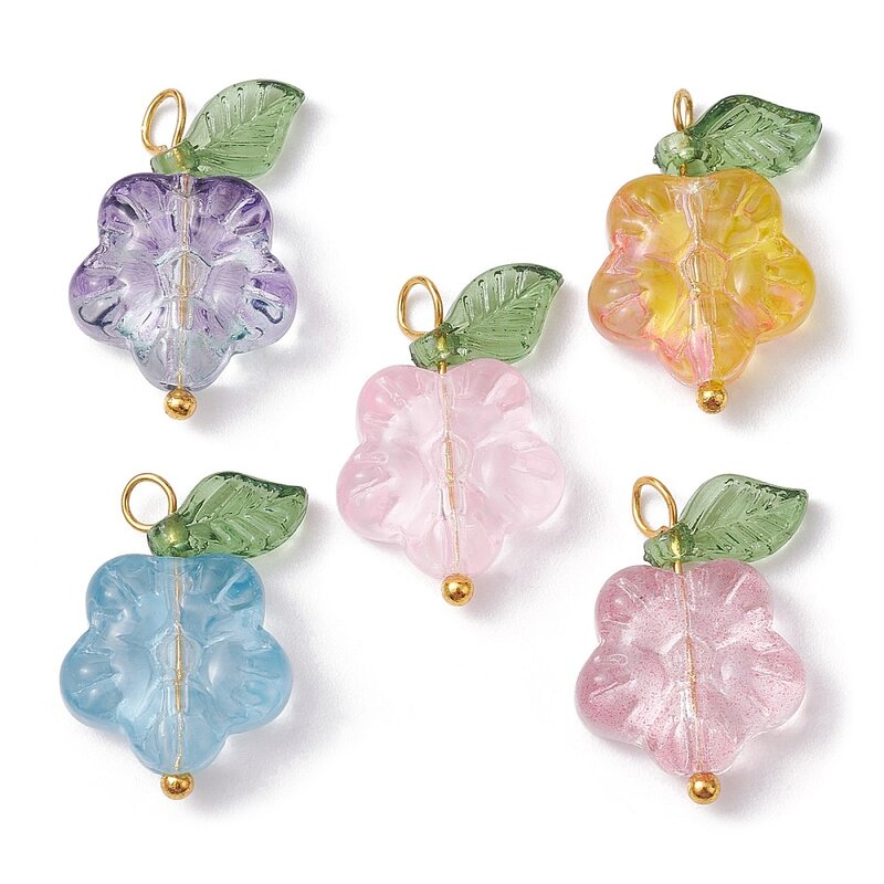 10 sztuk szklany kwiat i akrylowy liść wisiorki mieszane kolory do wyrobu biżuterii DIY naszyjnik bransoletka kolczyk Charms dostarcza prezent