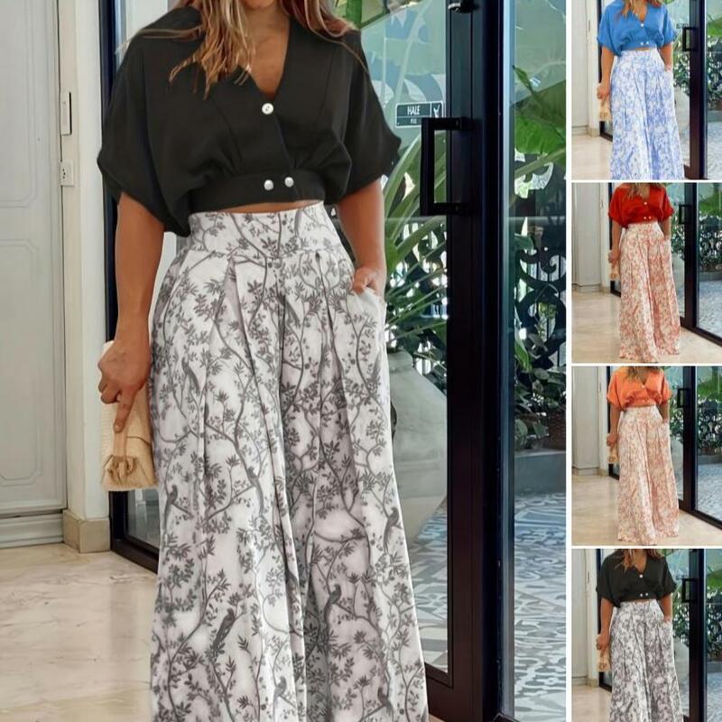 Lady Summer Clothes Stylish Women's Top Pants Set with Short Sleeves V Neck High Waist Solid Color Crop Top Wide Leg for Ladies