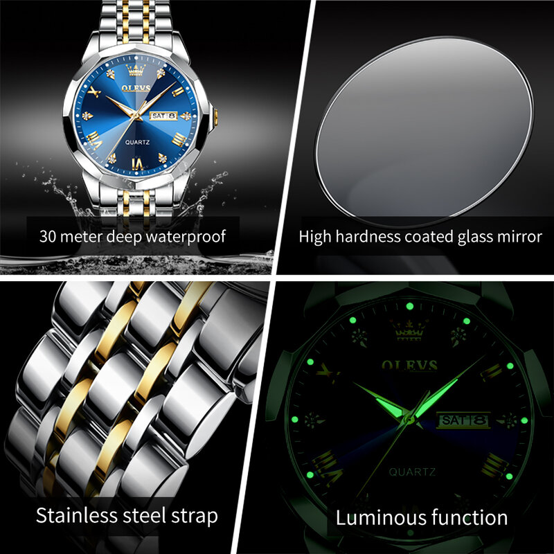 OLEVS-Relógio Quartz em Aço Inoxidável Masculino, Cronógrafo Impermeável, Data Luminosa, Relógio de pulso Luxo, Relógios Esportivos, Casual