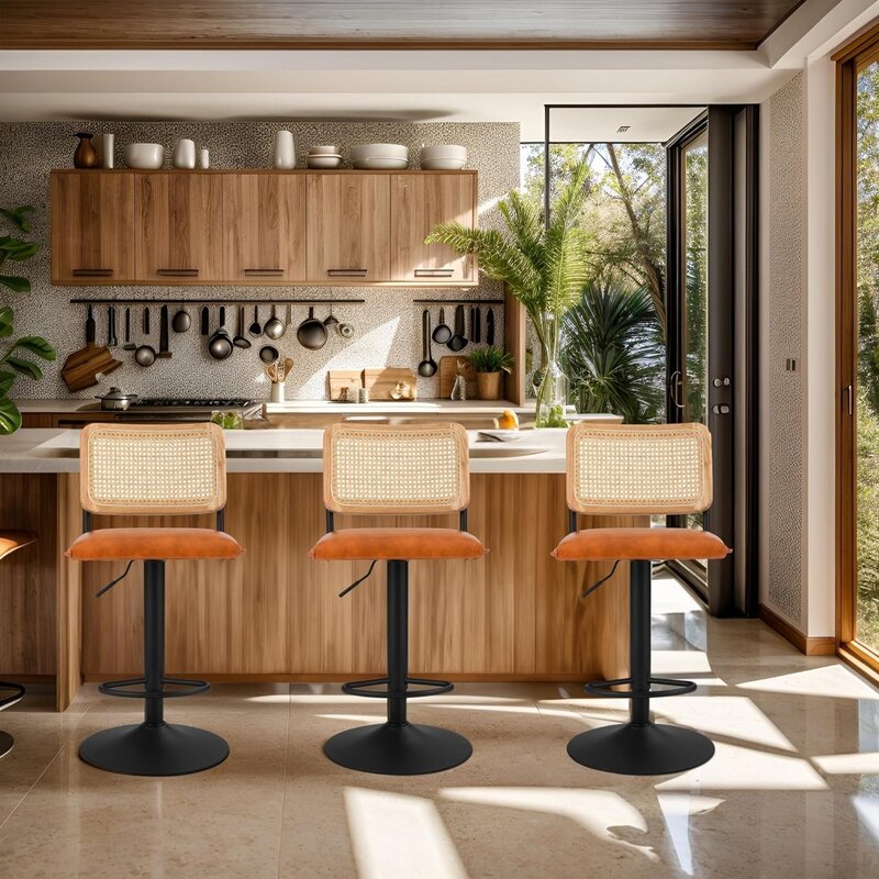 Finnhomy sgabelli da Bar moderni in Rattan Set di 2-Design in tessuto naturale, sedile girevole, poggiapiedi e schienale in canna, regolabile in altezza B