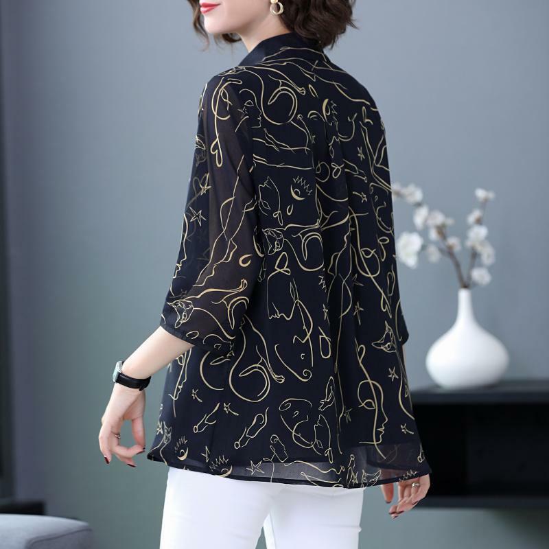 Женская шифоновая блузка на пуговицах, свободная элегантная рубашка большого размера с рукавом 3/4 и отложным воротником, одежда для поездок на лето и осень
