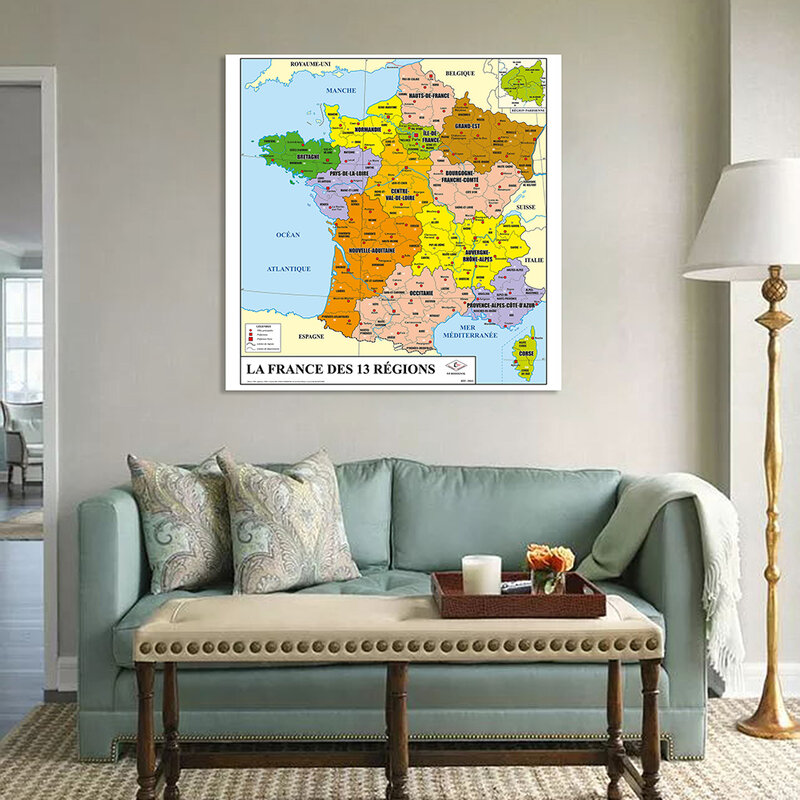 90*90cm mapa polityczna francji w języku francuskim włókniny płótnie malarstwo plakat na ścianę klasie Home Decor szkolne