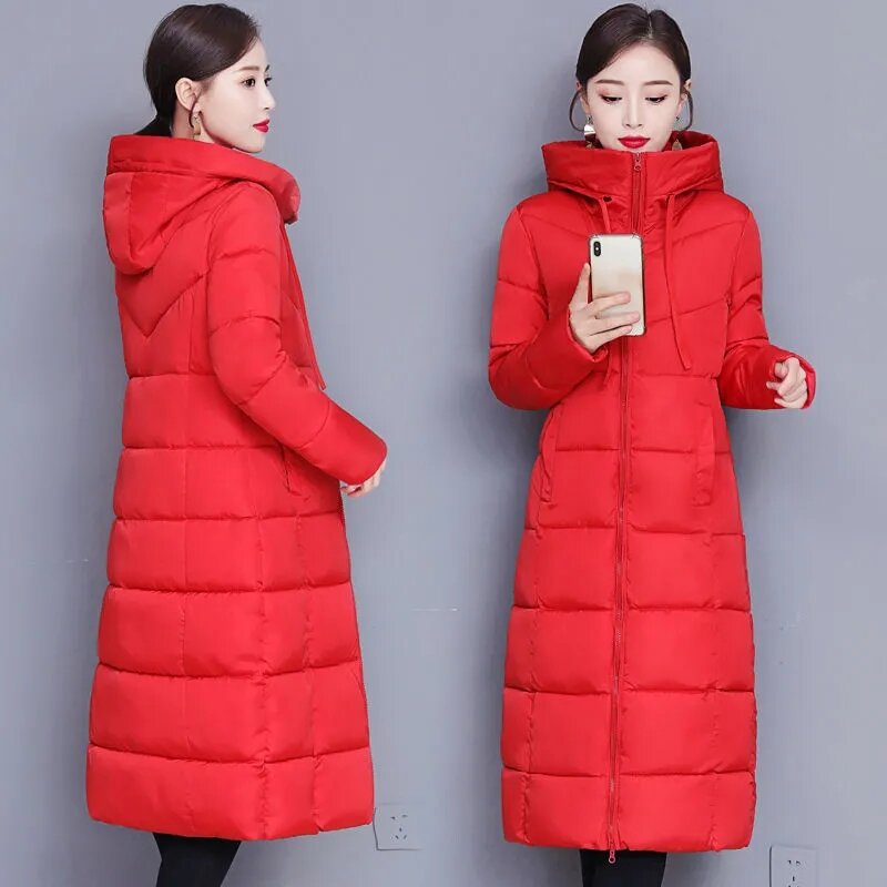 Женское зимнее длинное пальто, теплая пуховая хлопковая куртка, парка с капюшоном, модная облегающая зимняя верхняя одежда, корейские Куртки Оверсайз, 2023