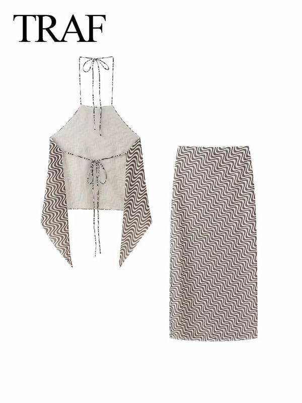 TRAF 2024 Summer Female Casual Backless Halterneck Lace Up Top+ A-Line High Waist Skirt Elegant 2 Piece Tulle Wave Print Set