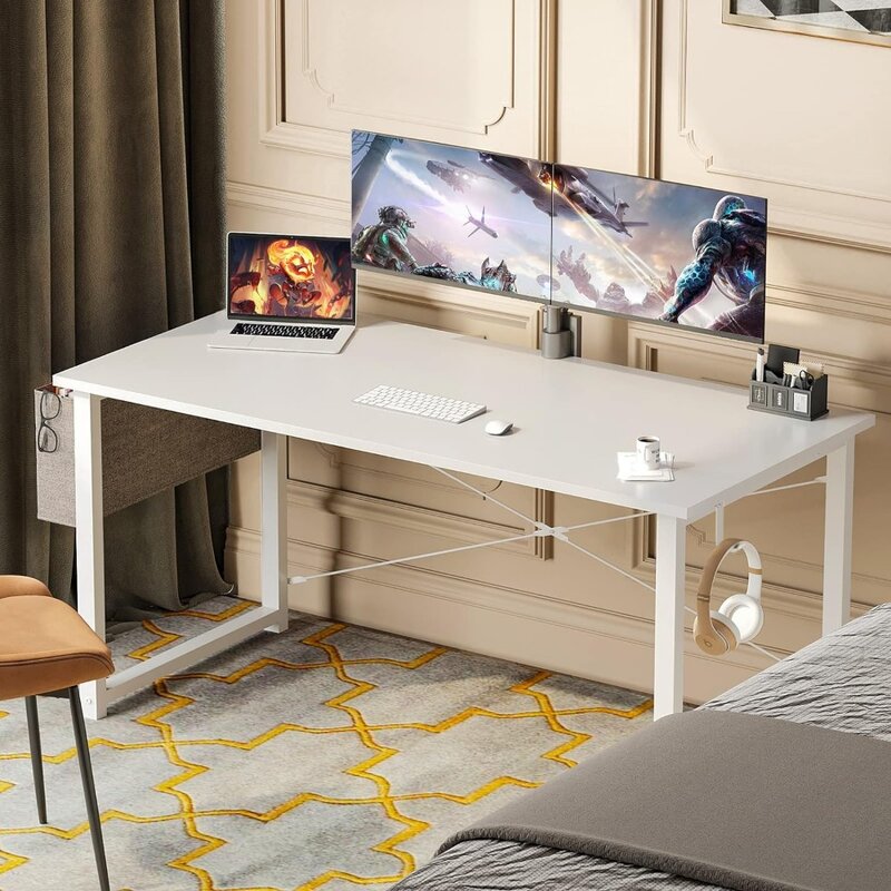 Computer Writing Desk 55 inch, Sturdy Home Office Table, Work Desk with A Storage Bag and Headphone Hook, White + White Leg