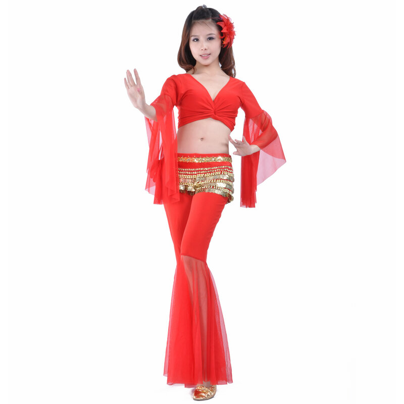 Mesh Lace-up Exercise Suit Set Belly Dance Slim Skinny Flared Pants Butterfly Sleeve Top Coin Waist Chain Stage Performance
