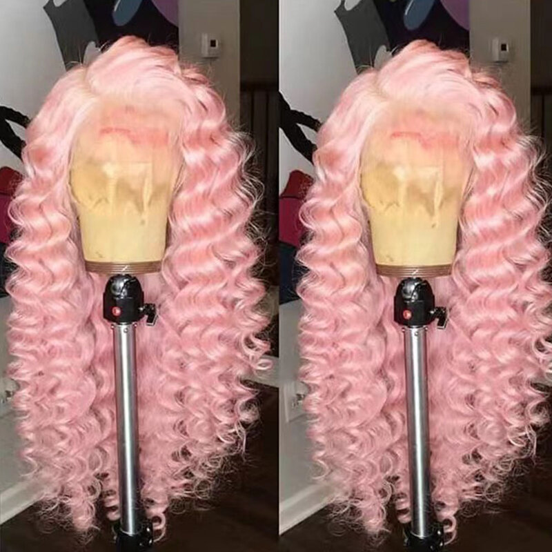 RONGDUOYI-pelucas delanteras de encaje de onda profunda rosa claro para mujeres negras, peluca sintética de fibra de calor ondulada, rizo largo, parte libre, maquillaje, Cosplay