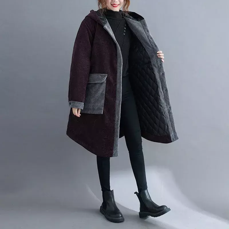Korduroi Saku Besar Berlapis Kapas Bertudung Mantel Musim Gugur dan Musim Dingin Baru Longgar Ukuran Besar Mantel Pertengahan Panjang untuk Wanita