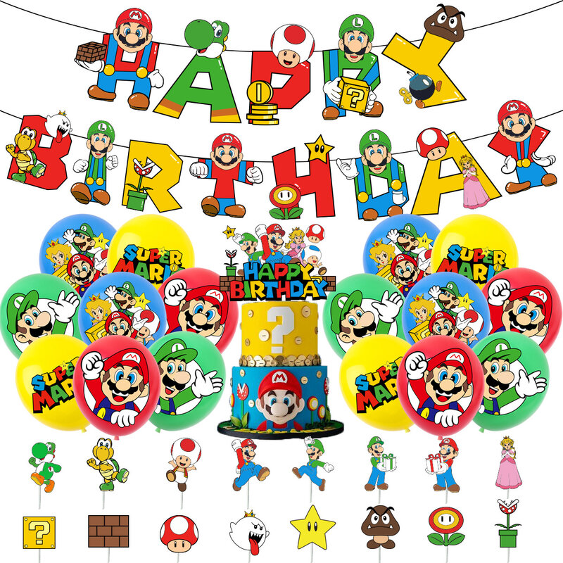 Balon tema kartun Super Mario perlengkapan pesta spanduk ulang tahun balon lateks dekorasi perlengkapan kue hadiah mainan anak