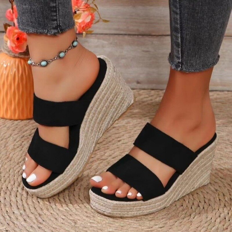 2024 estate nuovi sandali con zeppa pantofole estive con tacco alto da donna scarpe di colore nero tacchi aperti