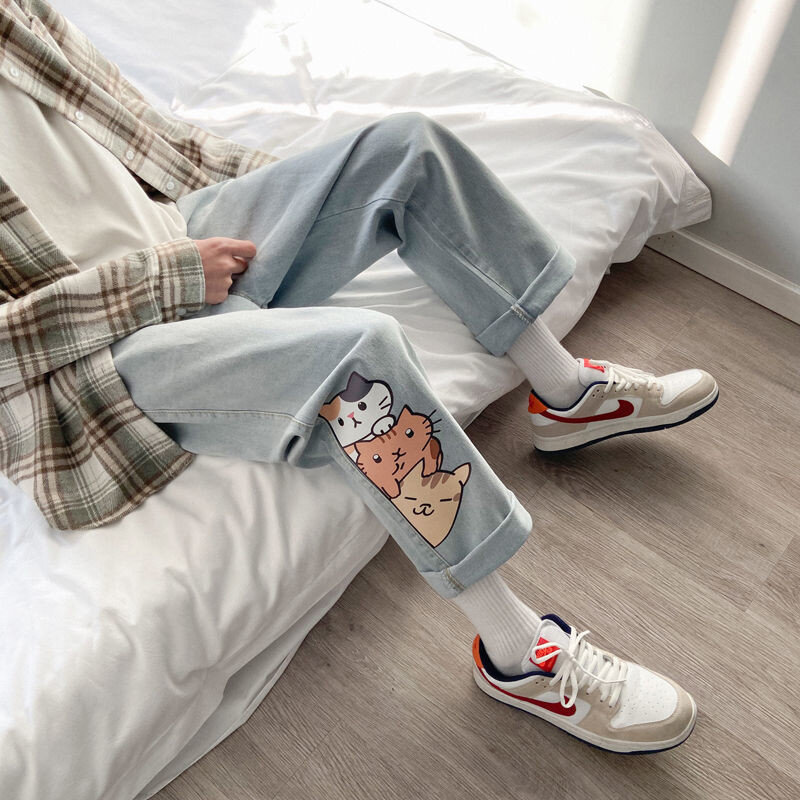 Jeans Harajuku Kawaii Celana Panjang Panjang Gambar Cetak Anime Wanita Musim Panas Celana Denim Longgar Wanita Koboi Jeans Kucing Kartun Lucu Streetwear