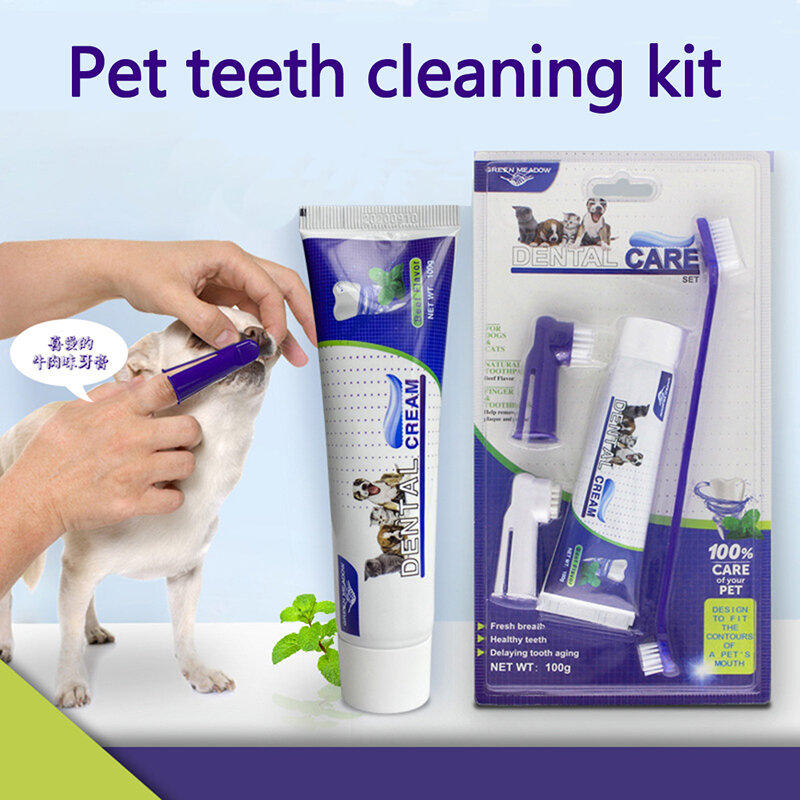 Pasta gigi hewan peliharaan anak anjing Set sikat gigi kucing anjing perlengkapan pembersih mulut empat buah Gel gigi anak kucing nafas segar
