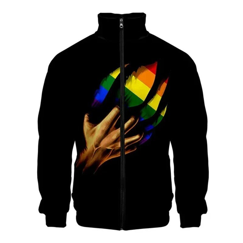 Chaqueta de manga larga con cremallera para hombre y mujer, abrigo informal con solapa 3D, Bandera de arco iris, Gay, LGBT, novedad
