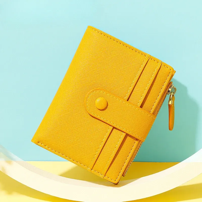 Billetera pequeña de cuero con cremallera para mujer, monedero plegable, tarjetero personalizado, color naranja, mostaza y amarillo