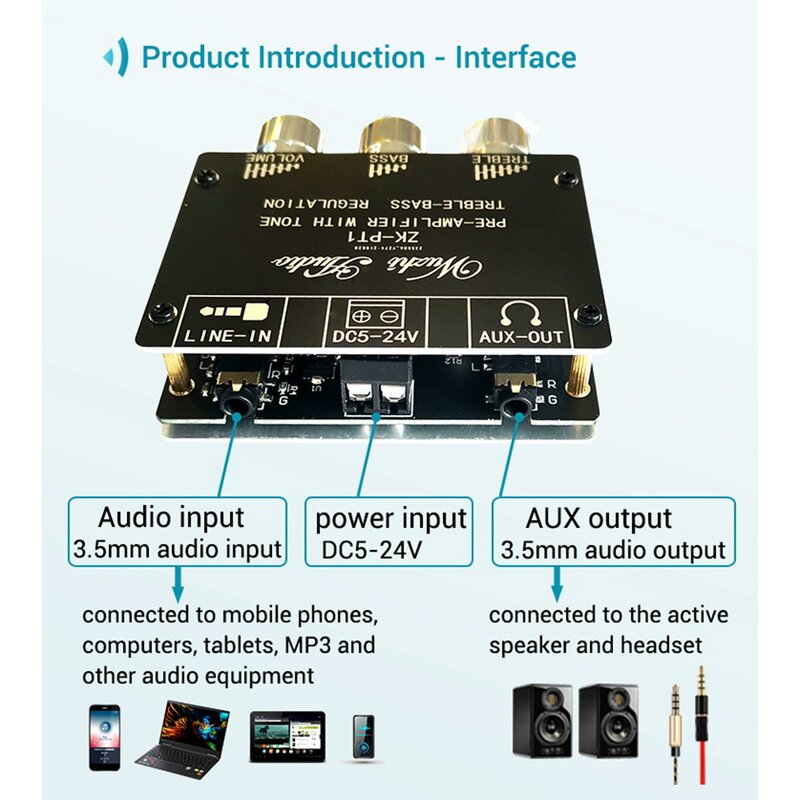 블루투스 5.0 디코더 보드, 듀얼 채널 스테레오, 저소음, 고음 및 저음 프리 모듈 앰프 보드 ZK-PT1