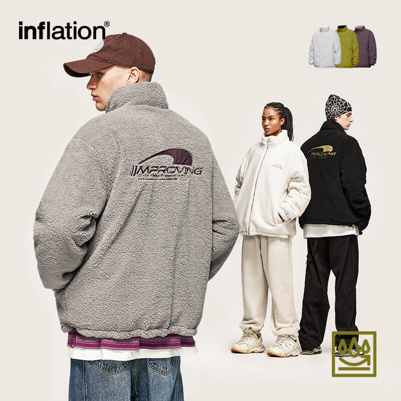 INFLATION 두꺼운 따뜻한 리버시블 양털 재킷, 남녀공용 스탠드 칼라 폴라 플리스 코튼 패딩 코트, 겨울