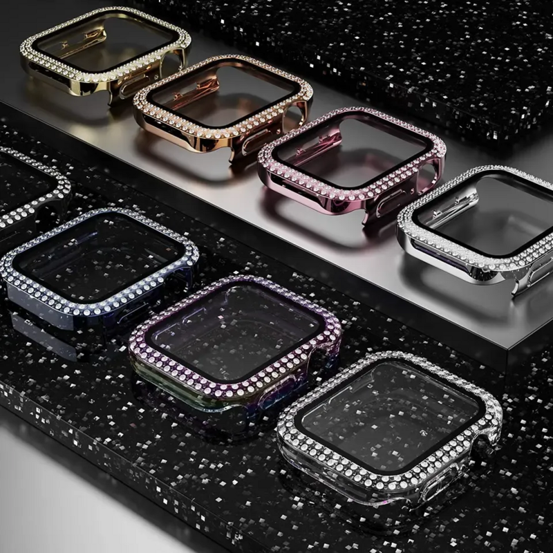 Cover in vetro + diamante per Apple watch case 40mm 44mm 41mm 45mm 38mm 42mm Bling Bumper Protector iWatch series 9 3 5 6 7 8 se case